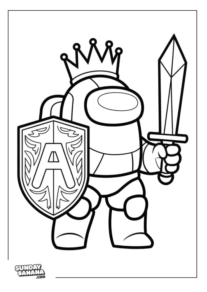 04-wearing-knight-armor-among-us-coloring-page Crewmate wearing crown and knight armor holding sword and shield Among Us coloring page