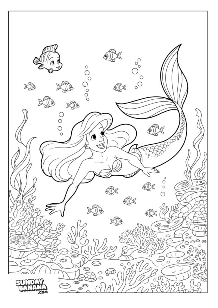 Ariel with fishes and corals around her Little Mermaid Ariel coloring page