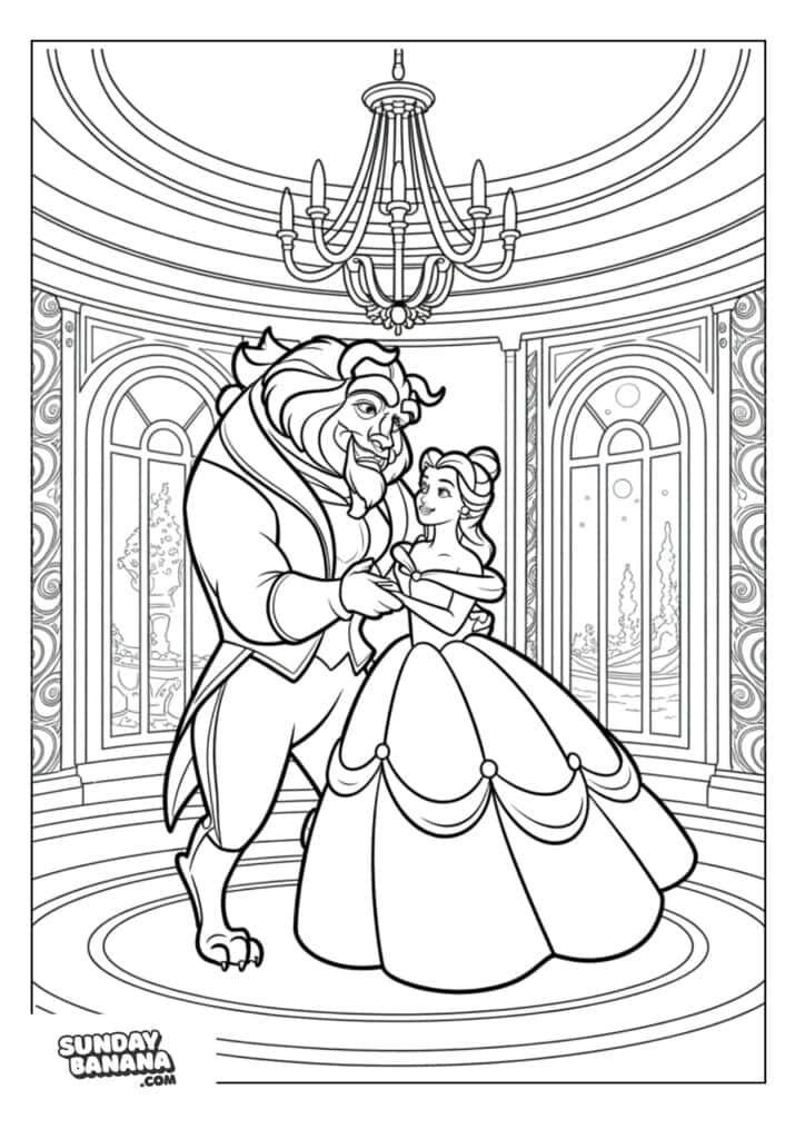 Beast and Belle embracing on the dance floor of castle coloring page