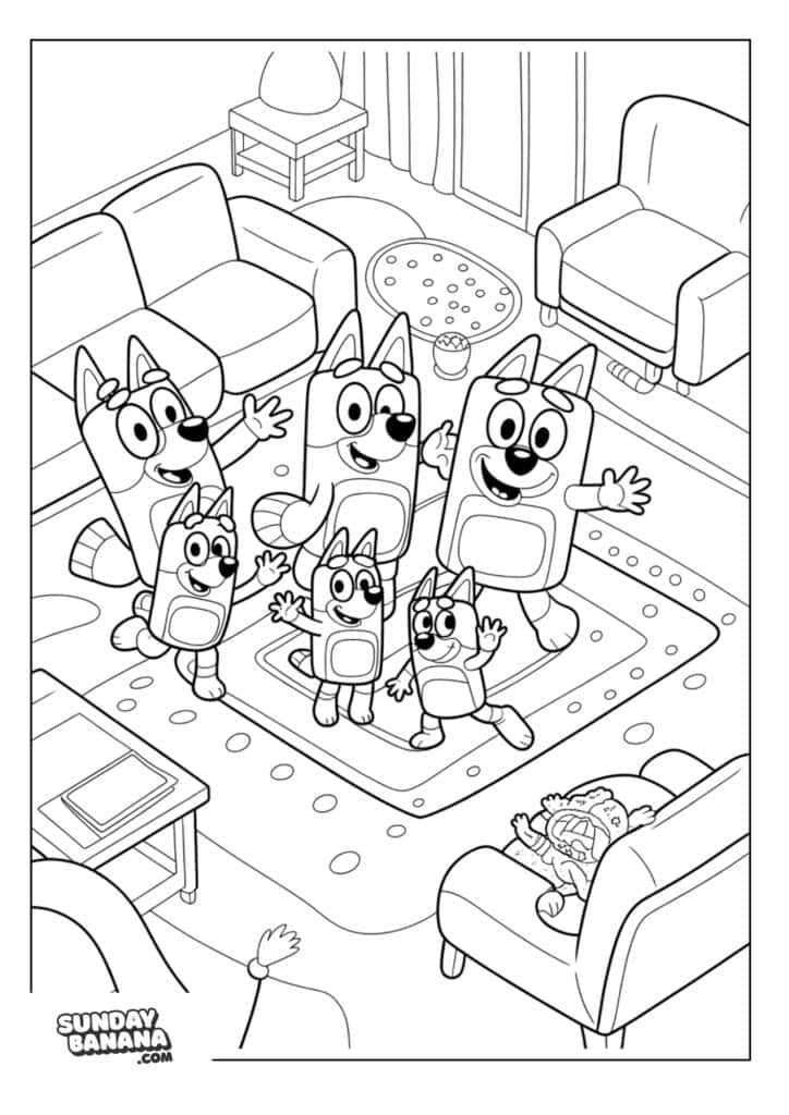 07-family-dance-party-bluey-coloring-page Heeler family dance party in the living room Bluey coloring page