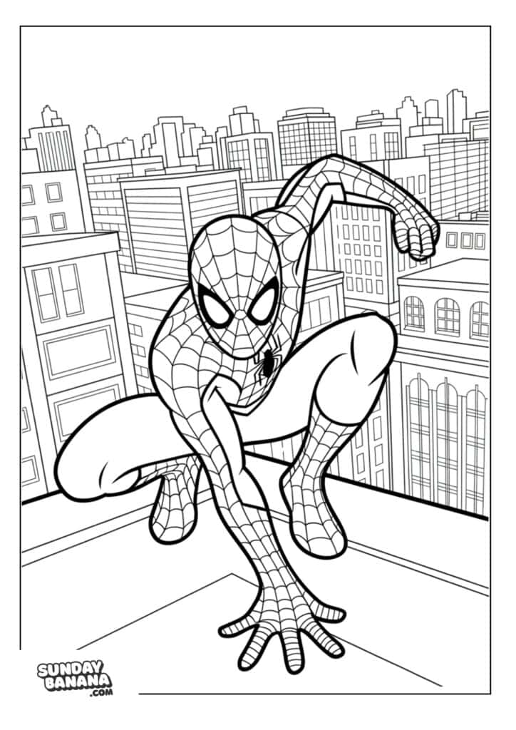 07-landing-pose-on-building-spiderman-coloring-page Landing pose on building roof with city buildings background Spiderman Coloring Page