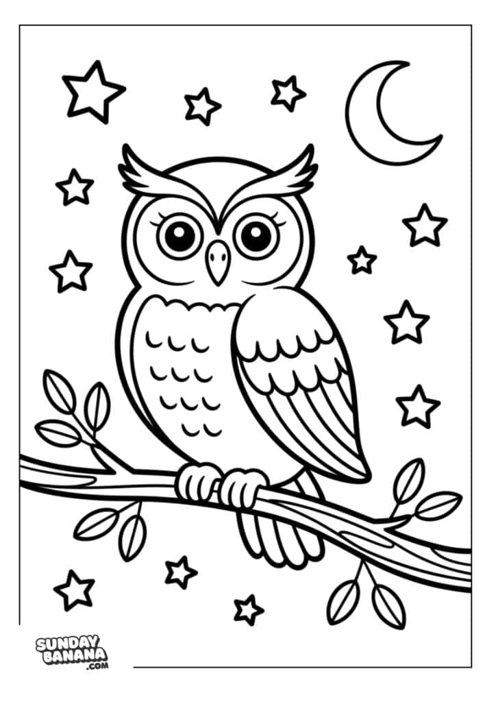 Owl perched on branch camping coloring page