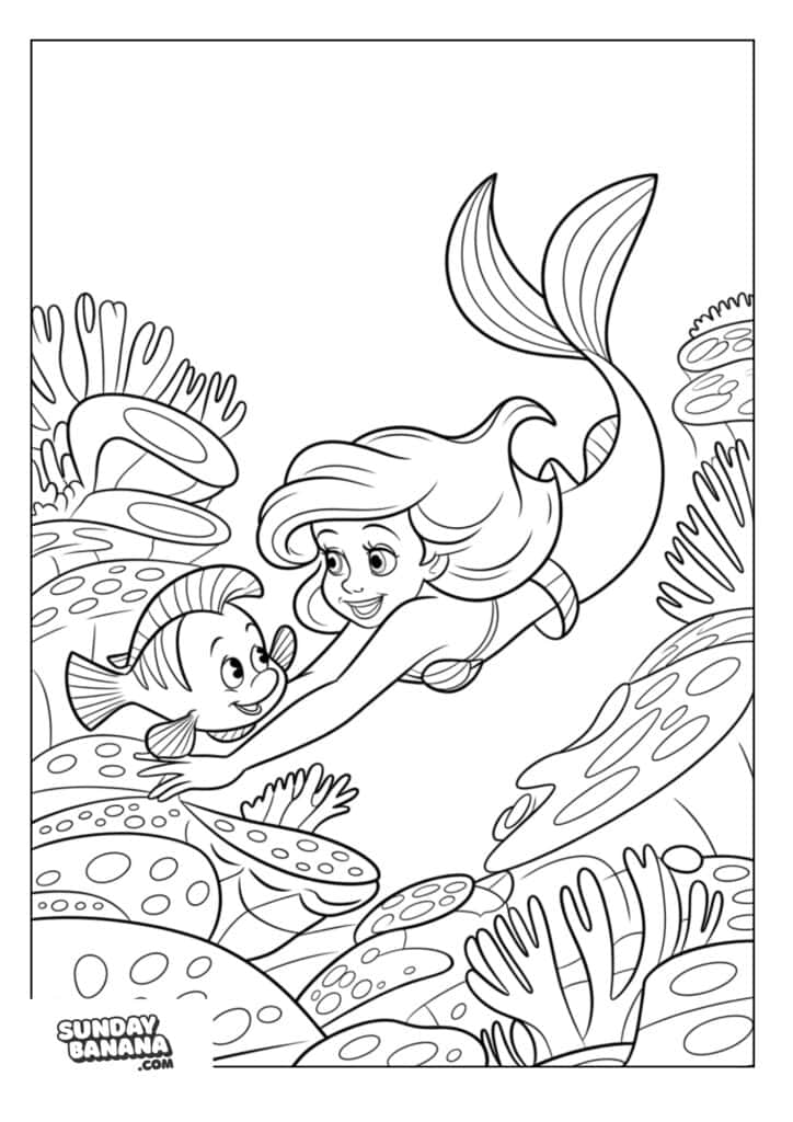 Ariel Swimming with flounder near corals Little Mermaid coloring page