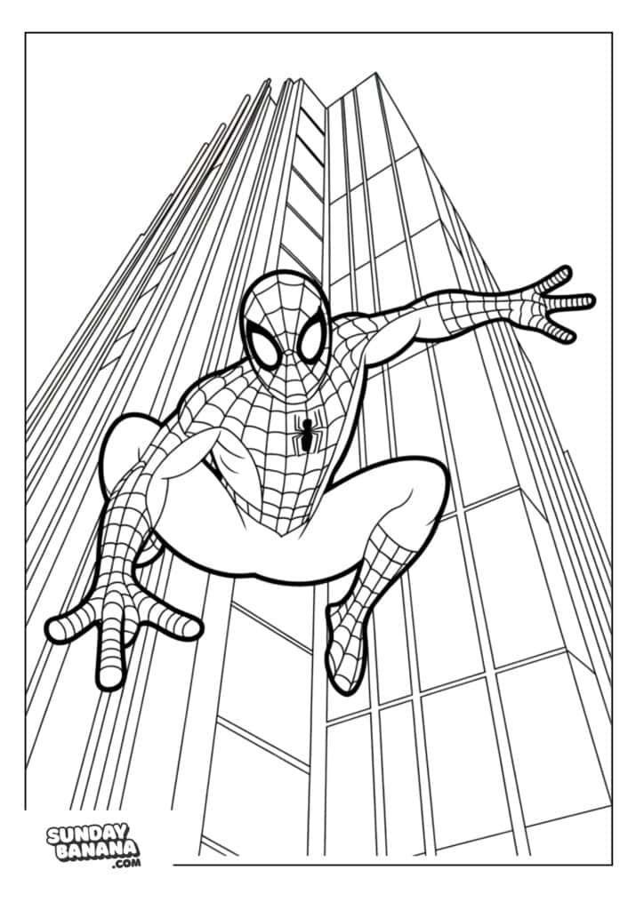 08-jumping-down-building-spiderman-coloring-page Jumping down from tall building ready to land pose Spiderman coloring page