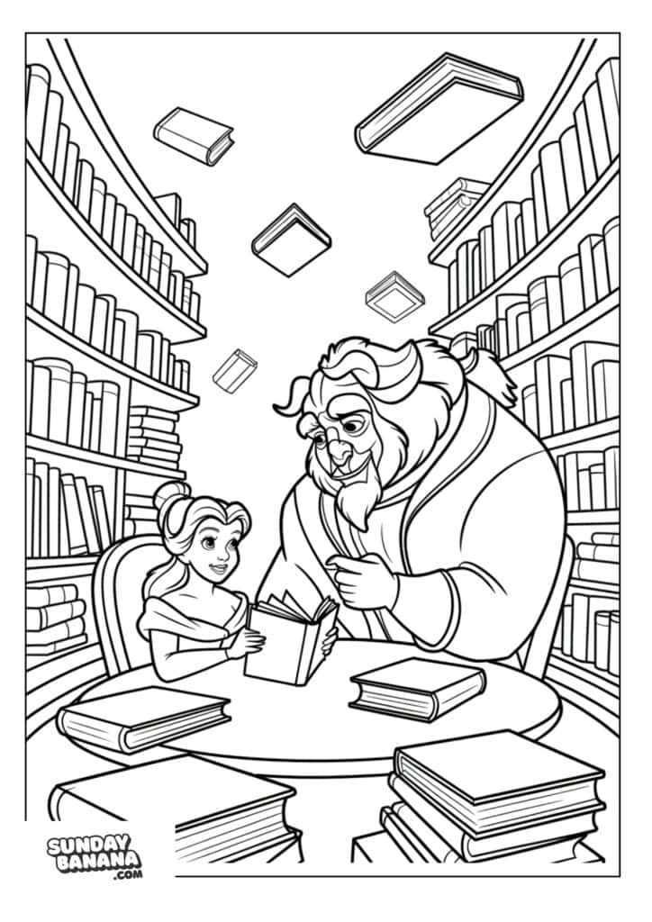 Belle reading a story book to Beast in library coloring page