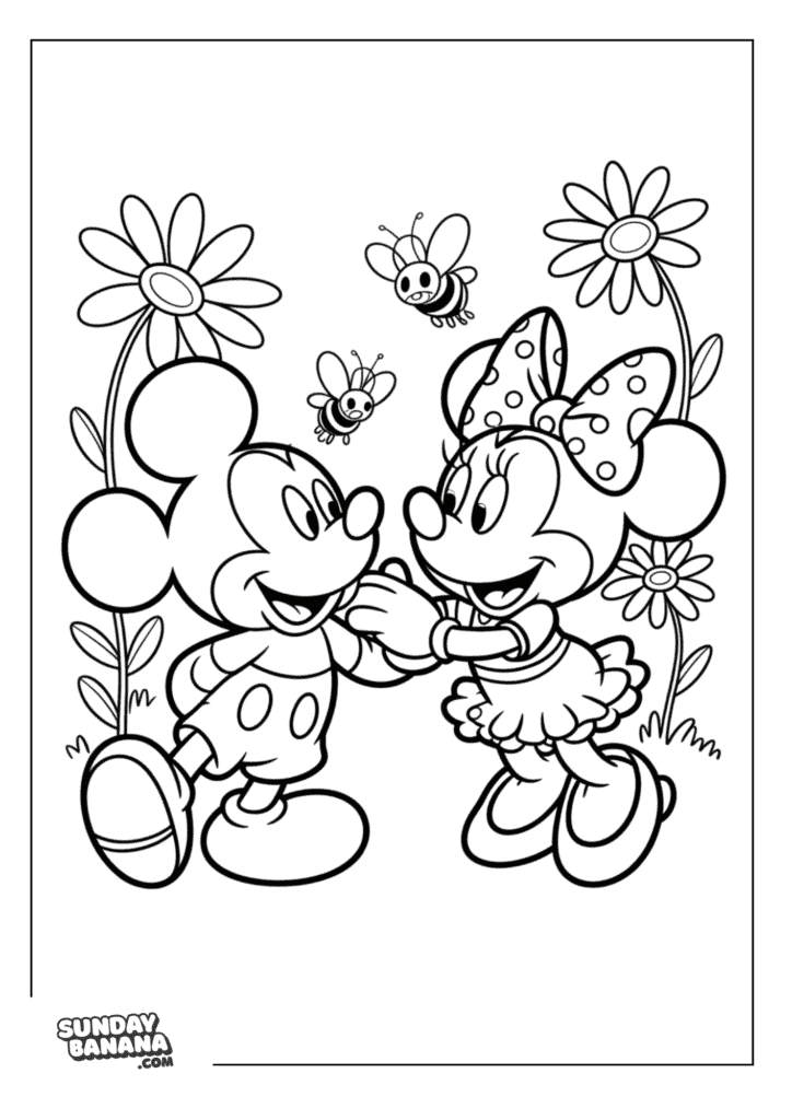 09-mickey-and-minnie-mouse-with-bees-and-flowers-mickey-mouse-coloring-page Mickey Mouse and Minnie Mouse happy surrounded by flowers and bees coloring page for kids