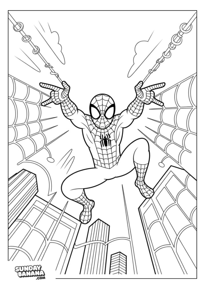 09-shooting-webs-with-both-hands-spiderman-coloring-page Falling from building shooting webs with both hand Spiderman coloring page