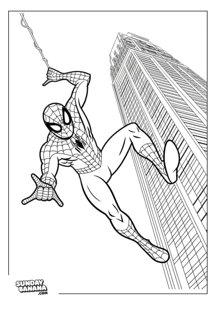 10-swinging-down-from-building-spiderman-coloring-page Swinging down from building ready to shoot web Spiderman coloring page
