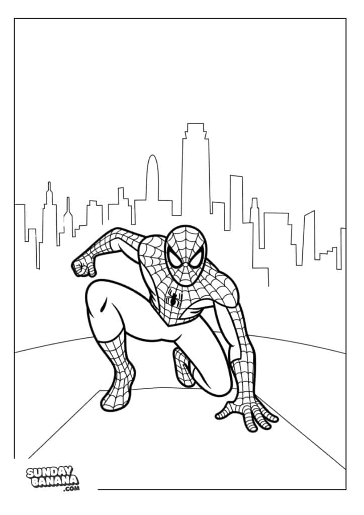 11-landing-pose-city-skyline-spiderman-coloring-page Landing pose with city skyline Spiderman coloring page