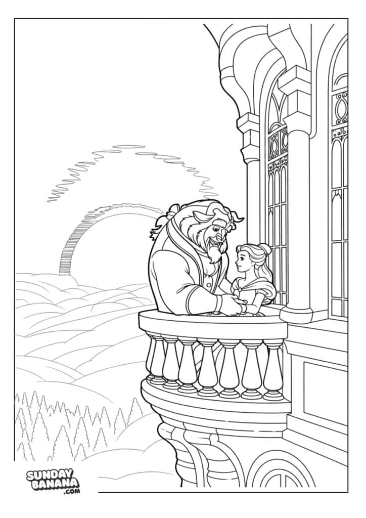 Belle and Beast watching sunset from castle balcony coloring page