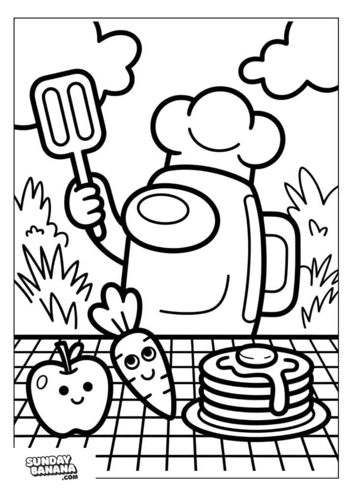 12-chef-crewmate-among-us-coloring-page Chef crewmate wearing chef hat with apple, carrot and pancakes in front on table Among Us coloring page