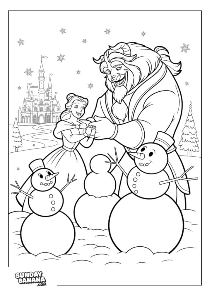 Belle and Beast playing in the snow and building snowmen coloring page