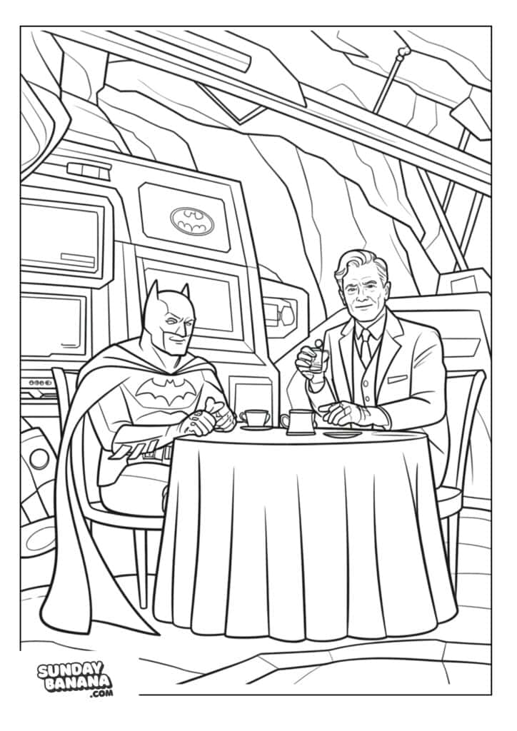 Batman having tea with Alfred in Bat cave coloring page