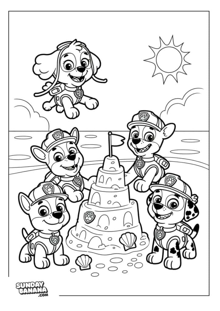 Chase, Marshall, Skye, Rubble, and Zuma pups building sandcastle at the beach Paw Patrol coloring page