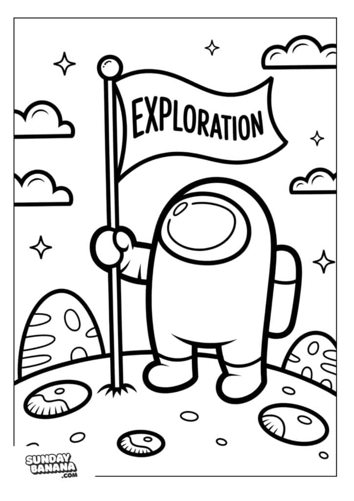 15-exploration-among-us-coloring-page Crewmate planting Exploration flag on alien planet Among Us coloring page