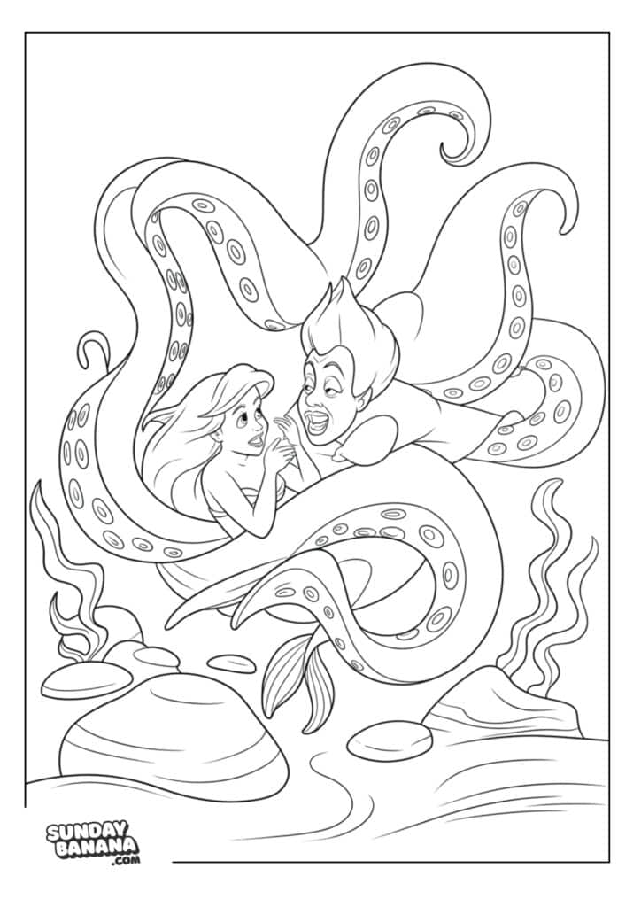 Ariel looking scared being wrestled by Ursula Little Mermaid Ariel coloring page