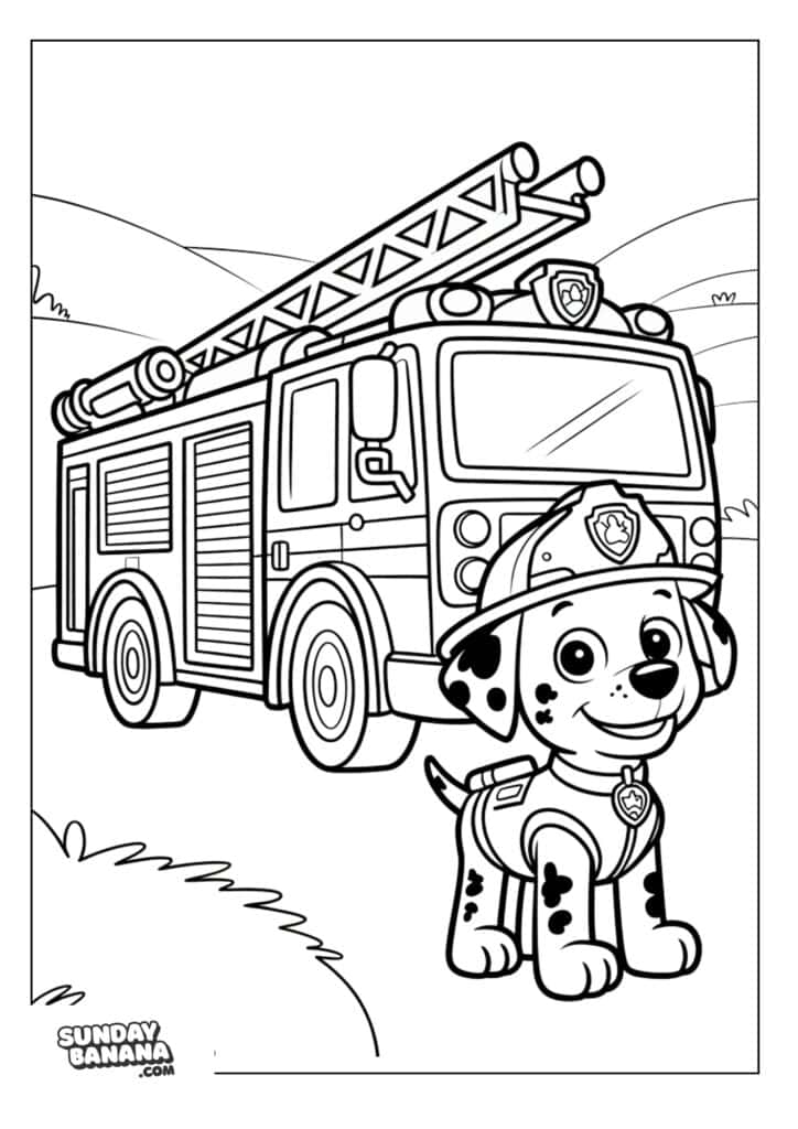 Marshall in front of fire truck Paw Patrol coloring page