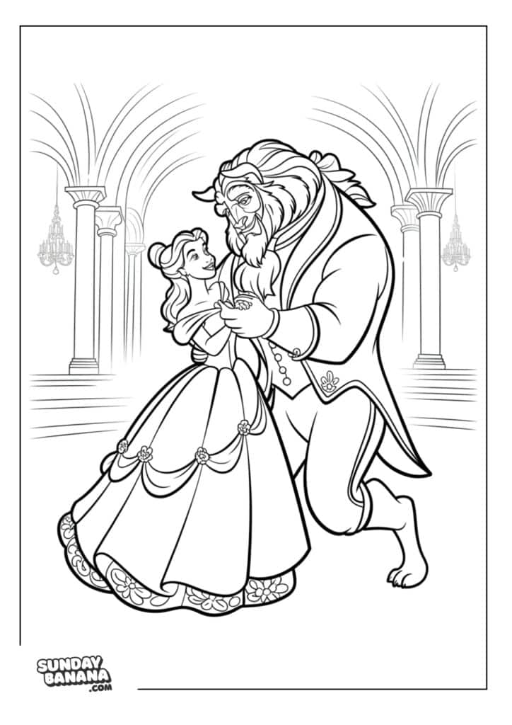 Beast and Belle dancing in ballroom coloring page