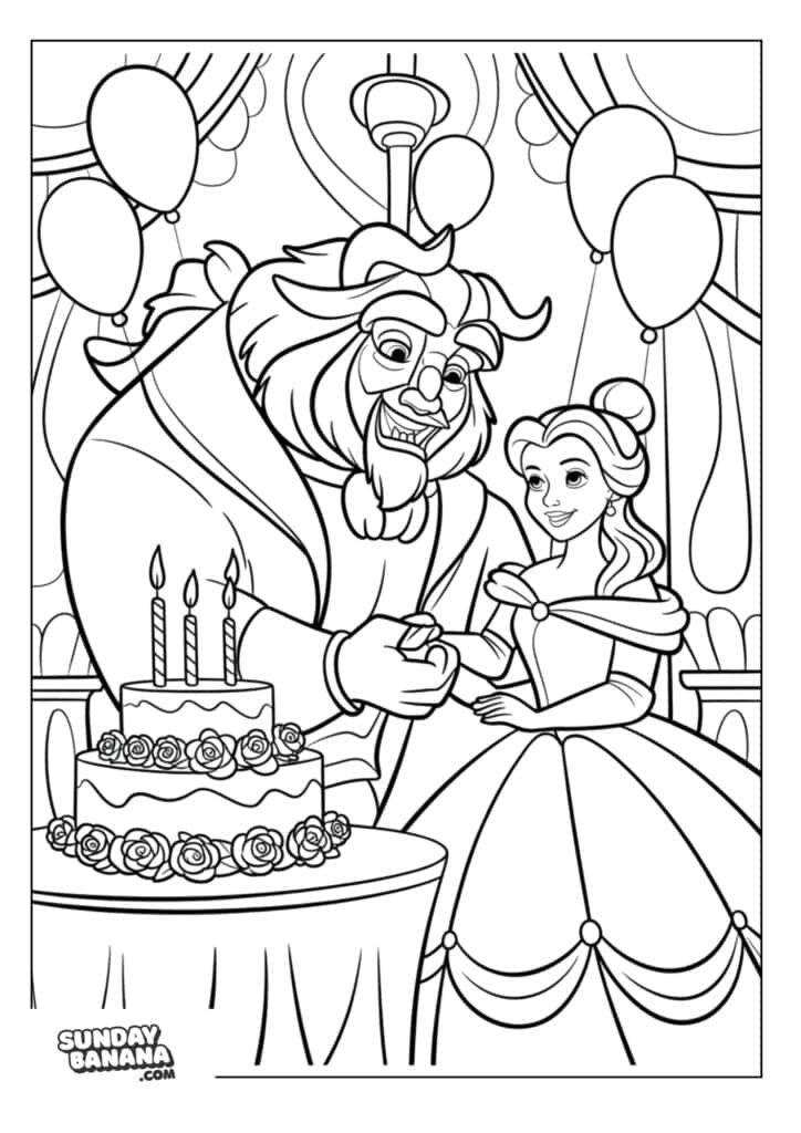 Beast celebrating Belle's birthday with balloons and cake coloring page