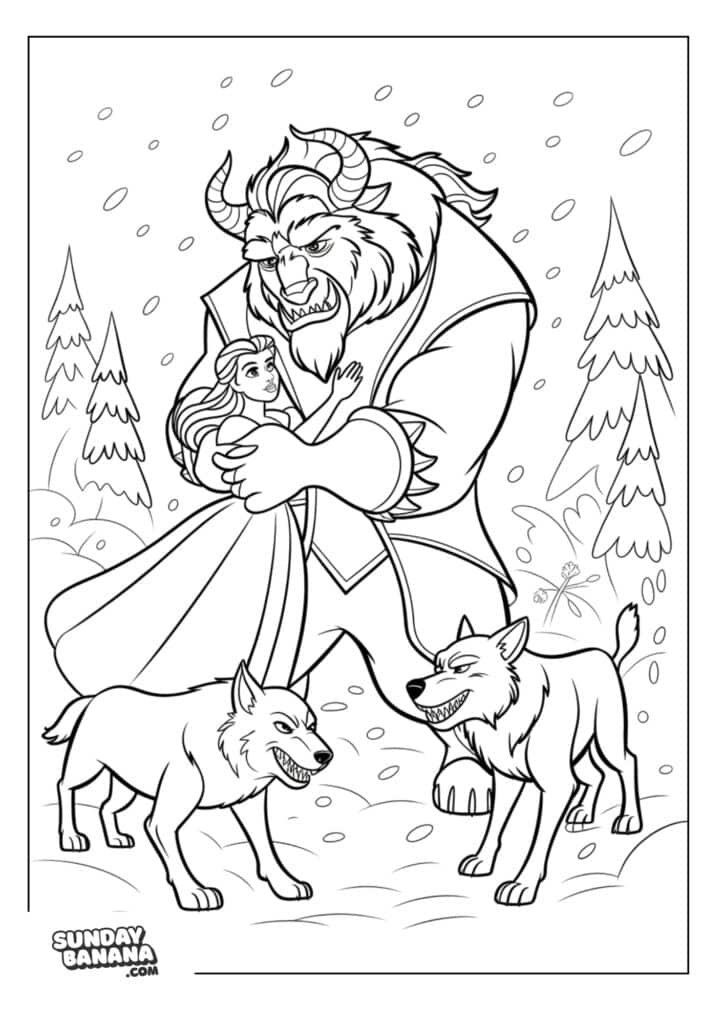 Beast protecting Belle from wolves coloring page