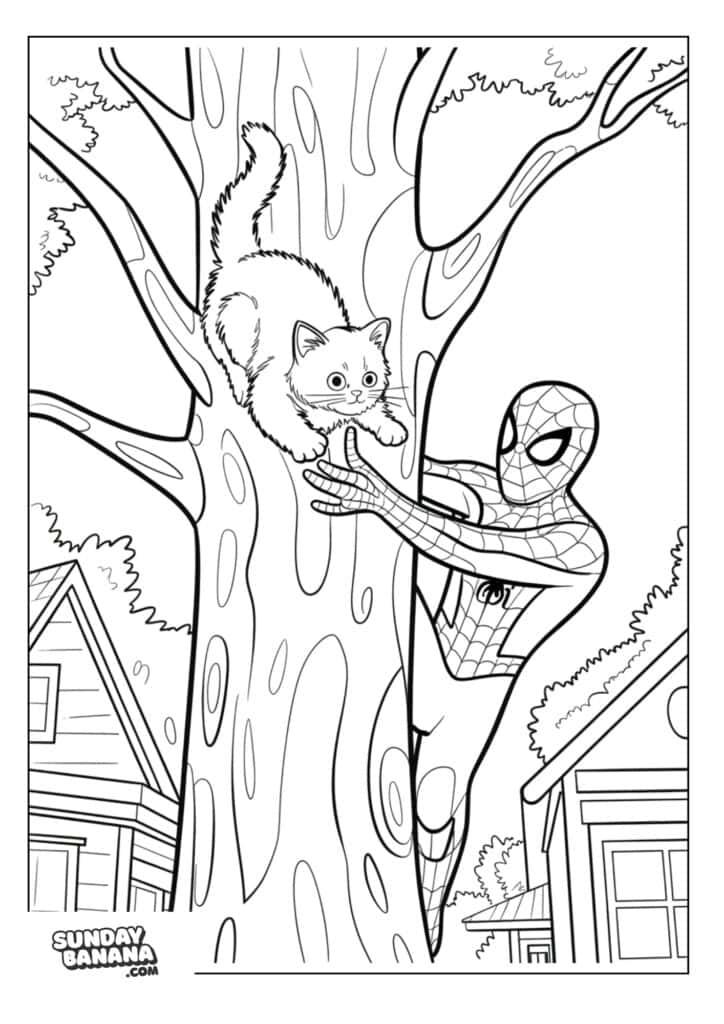 20-saving-kitten-in-tree-spiderman-coloring-page Spiderman saving kitten stuck on a tree coloring page
