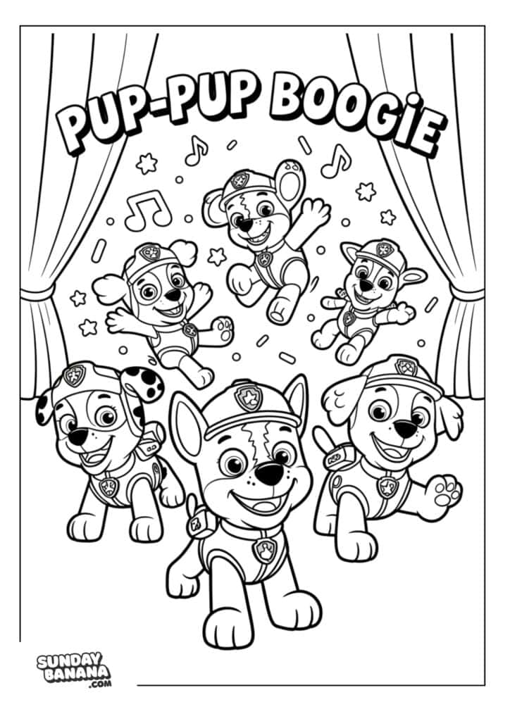 Pups having a dance party with Pup-Pup Boogie words and curtains Paw Patrol coloring page