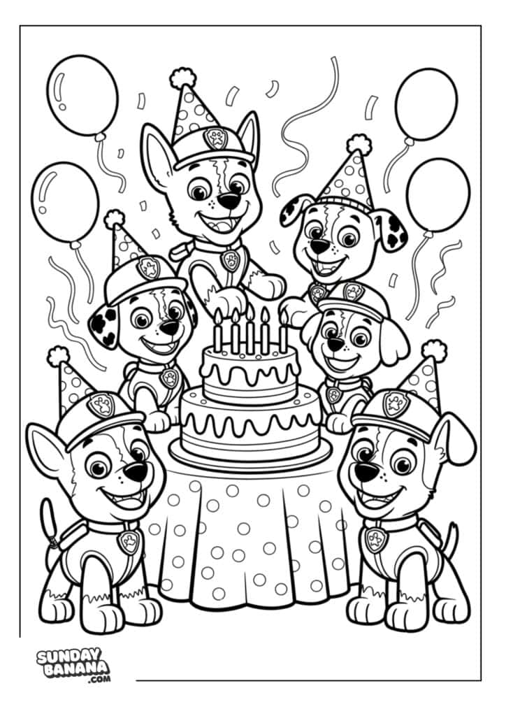 Pups at birthday party with birthday cake and balloons Paw Patrol coloring page