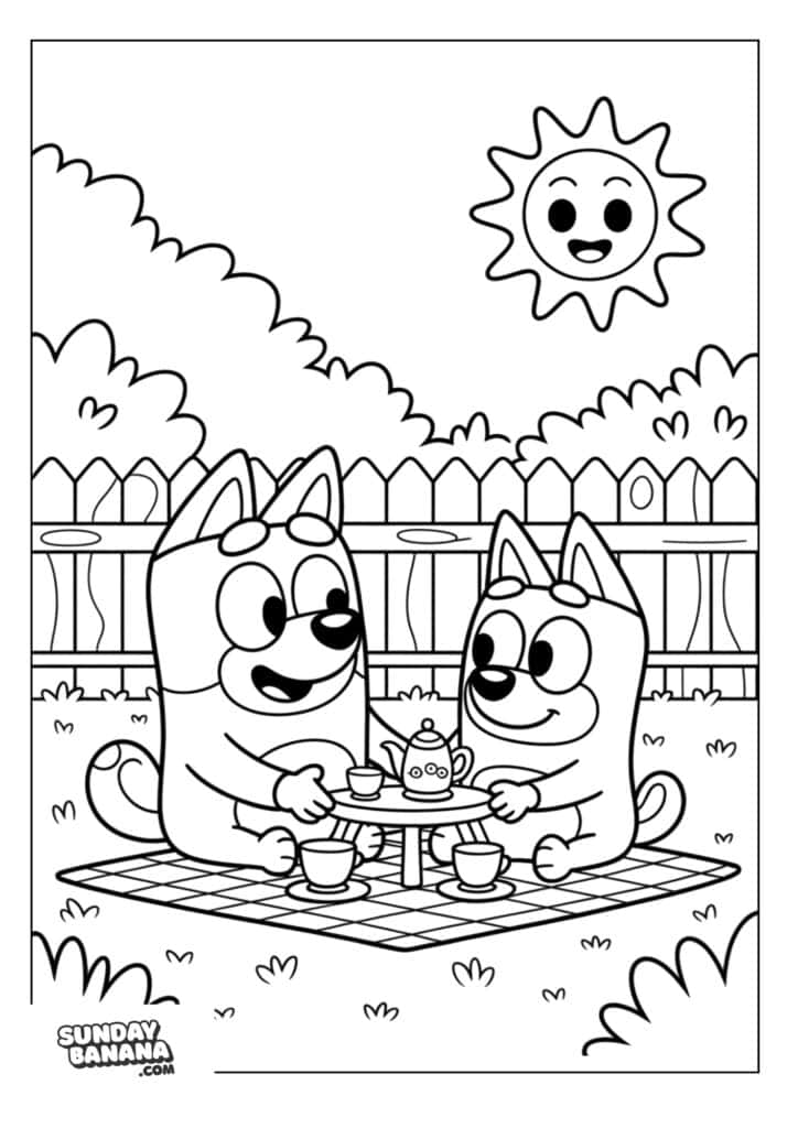 25-backyard-tea-party-picnic-bluey-coloring-page Bluey and Bingo having a tea party picnic in the garden coloring page