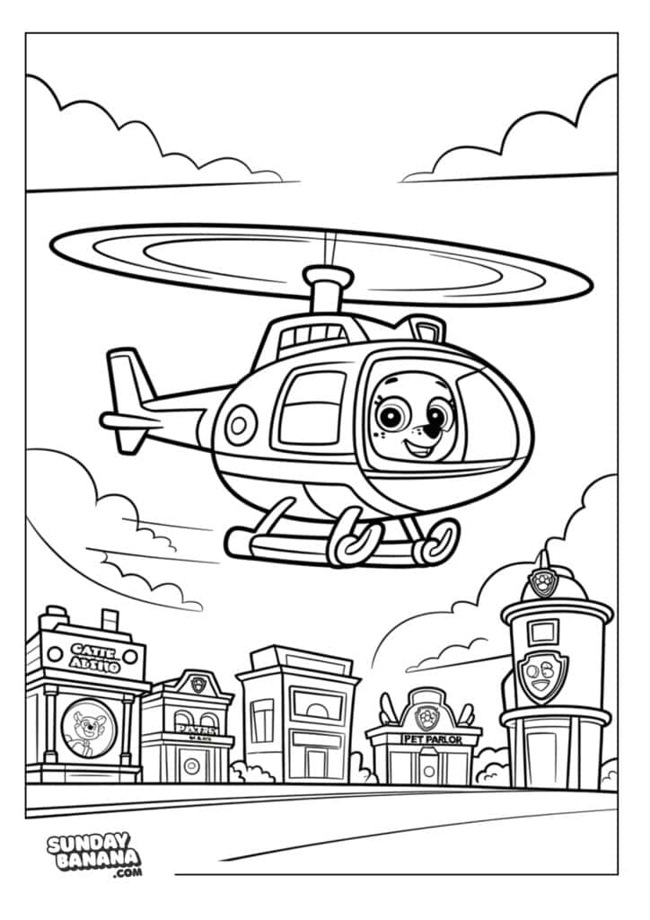 Skye patrolling adventure bay in helicopter Paw Patrol coloring page