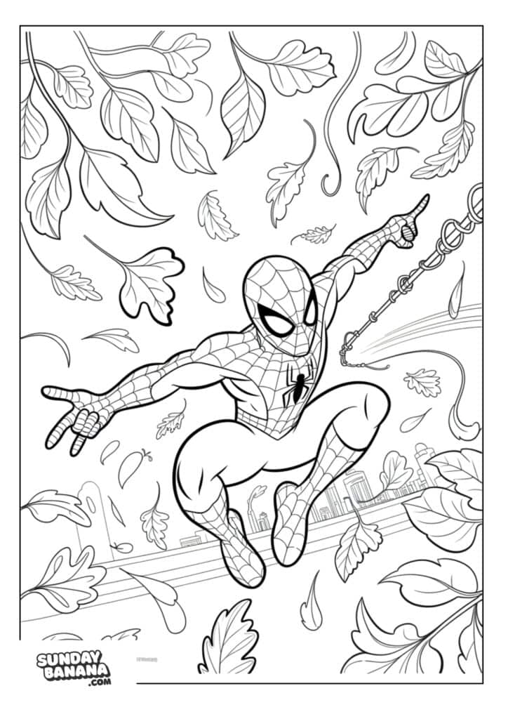 25-swinging-through-autumn-leaves-spiderman-coloring-page Spiderman swinging through autumn leaves coloring page