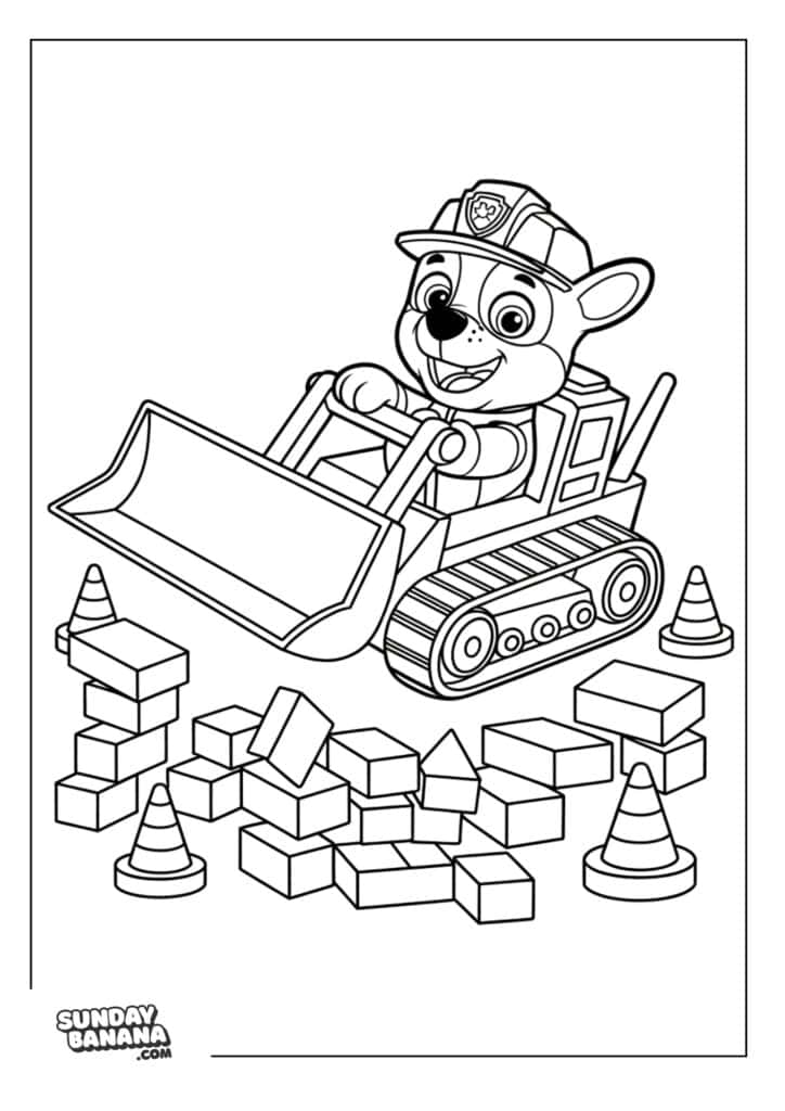 Rubble on his bulldozer with bricks and cones around Paw Patrol coloring page