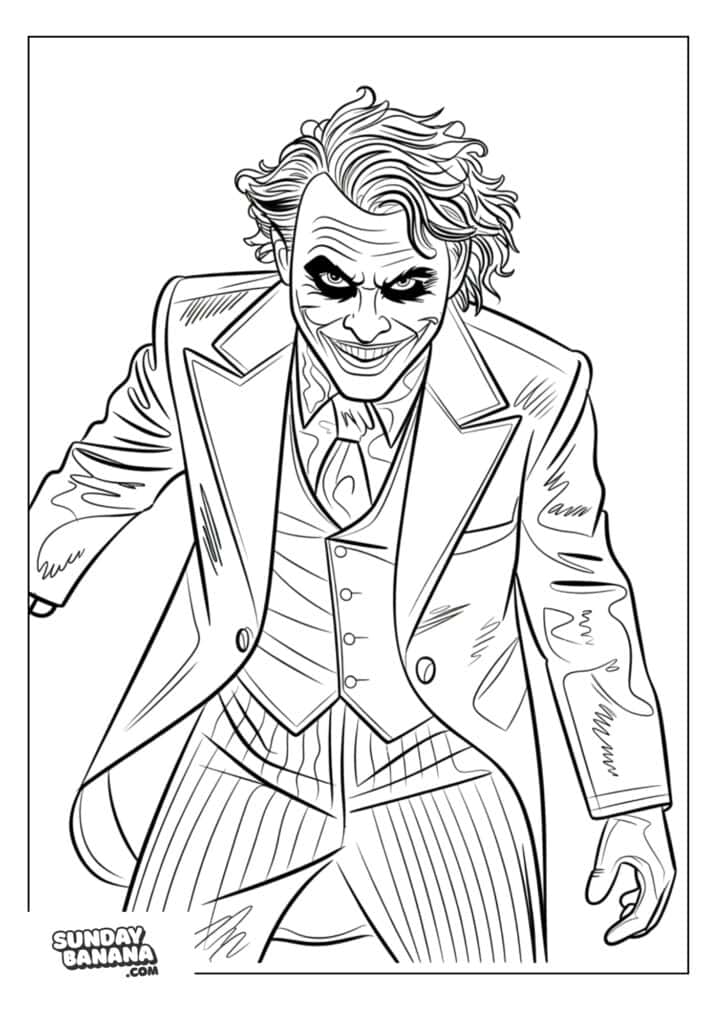The Joker close up frontal pose Batman villain coloring page