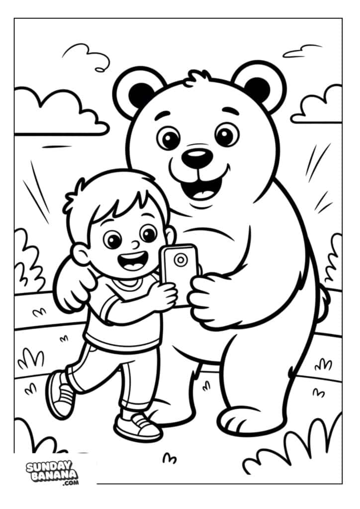 Boy holding phone and taking selfie with friendly cartoon bear camping coloring page