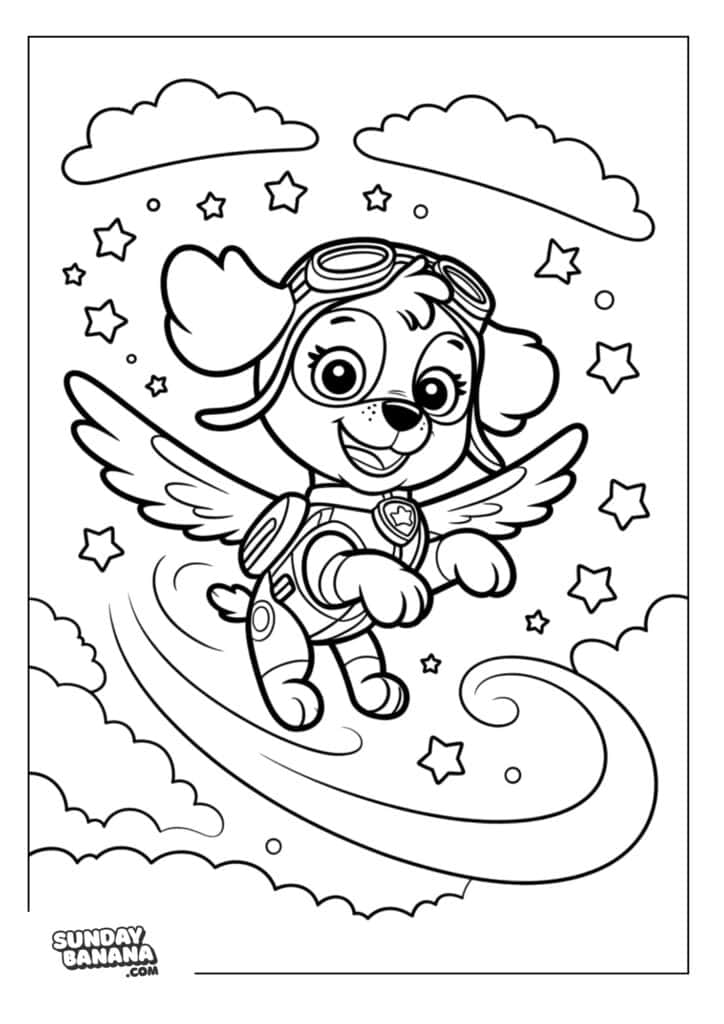 Skye flying high above the clouds with floating stars and clouds Paw Patrol coloring page