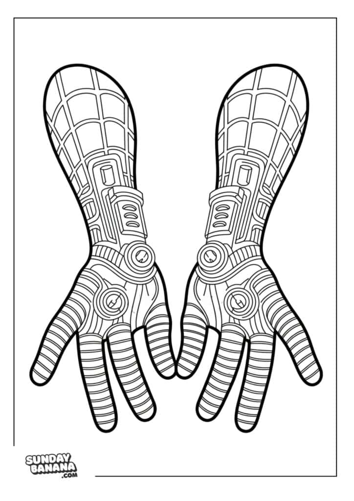 28-close-up-web-shooters-spiderman-coloring-page Close up of Spiderman's web shooter gauntlet gloves coloring page