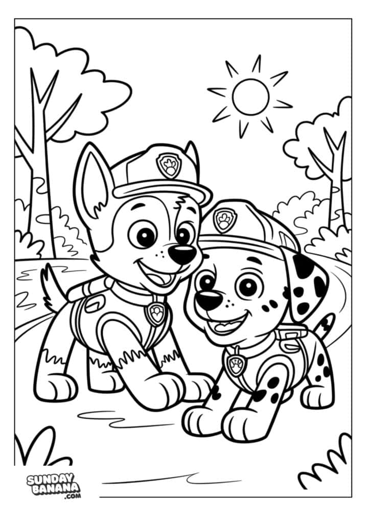 Chase and Marshall playing at the park with sunshining and trees in the background Paw Patrol coloring page