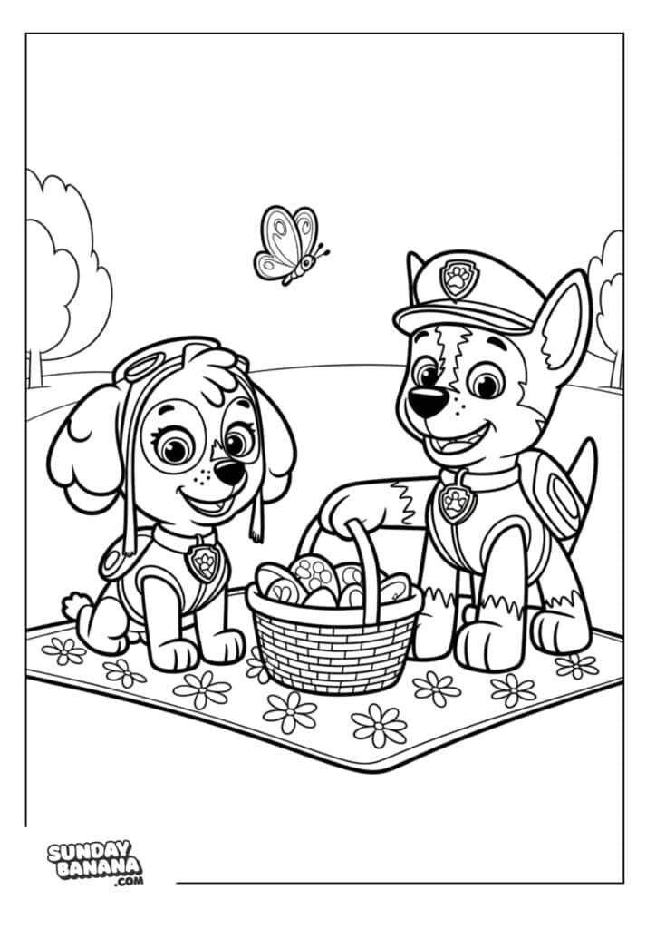 Skye and Chase on a picnic date with picnic basket full of treats Paw Patrol coloring page