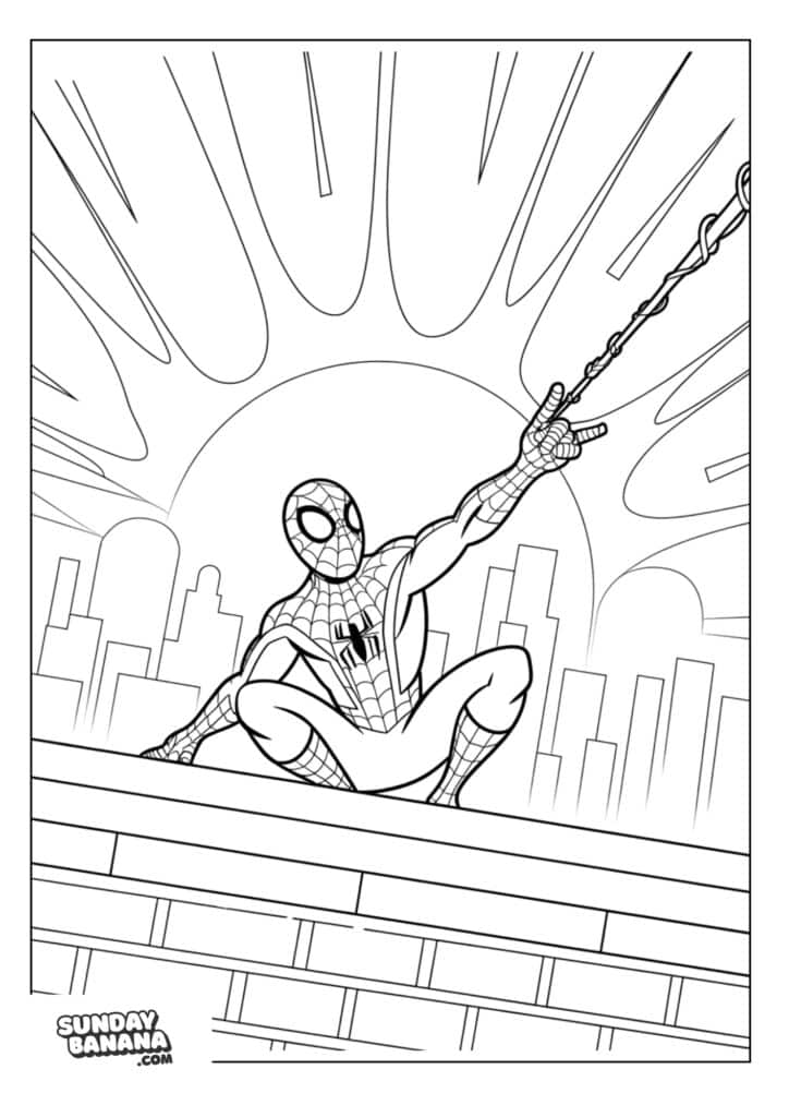 30-sunset-skyline-spiderman-coloring-page Spiderman shooting web from one hand with sunset skyline background coloring page