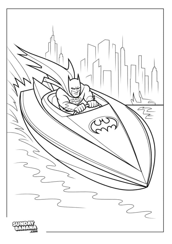 Batman driving Batboat coloring page