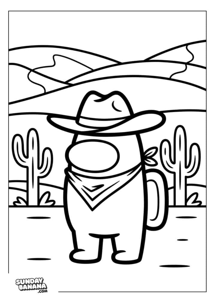 36-cowboy-crewmate-among-us-coloring-page Crewmate wearing cowboy hat and neck bandana in desert setting Among Us coloring page