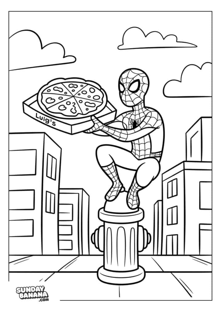 36-enjoying-box-of-pizza-spiderman-coloring-page Spiderman squatting on top of a fire hydrant enjoying a box of pizza coloring page