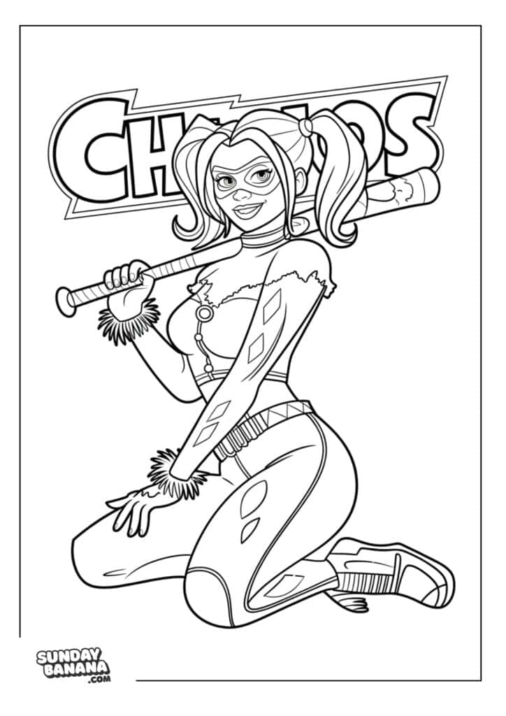 Harley Quinn with baseball bat with the word Chaos behind her Batman villain coloring page