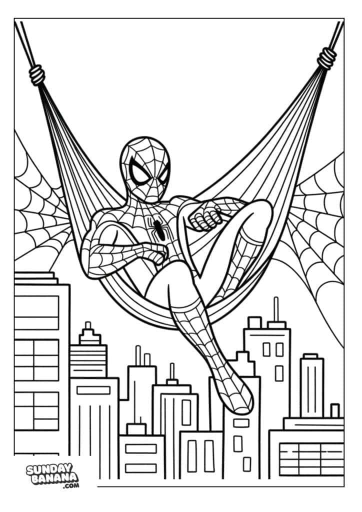 40-relaxing-on-spiderweb-hammock-spiderman-coloring-page Spiderman relaxing on hammock made of spiderweb coloring page