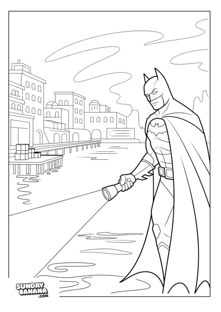 Batman investigating Misty Harbor with torchlight coloring page