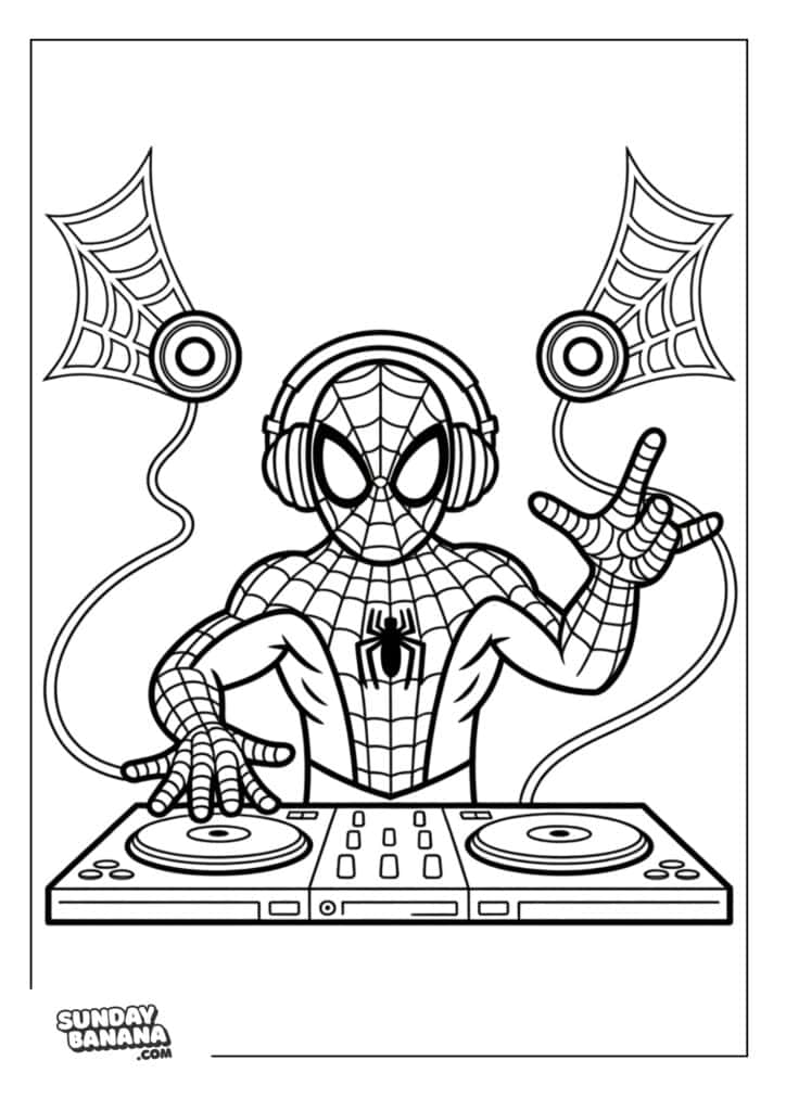 43-spiderman-deejay-spinning-web-spiderman-coloring-page Spiderman deejaying spinning web coloring page
