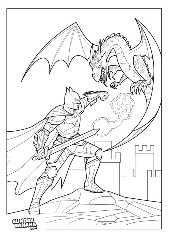 Batman as a medieval knight fighting dragon coloring page