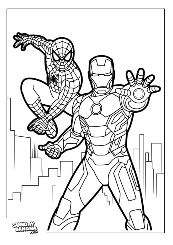 44-fighting-pose-iron-Man-and-spiderman-coloring-page Spiderman Fighting pose with Iron Man coloring page