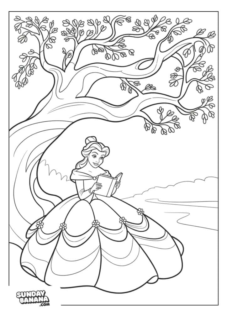 02-belle-disney-coloring-page A coloring page A princess in an elegant gown sits under a large tree, reading a book. The tree has many branches and leaves, with a river or path in the background. The scene is outlined for coloring. The SundayBanana.com logo appears in the lower left corner.