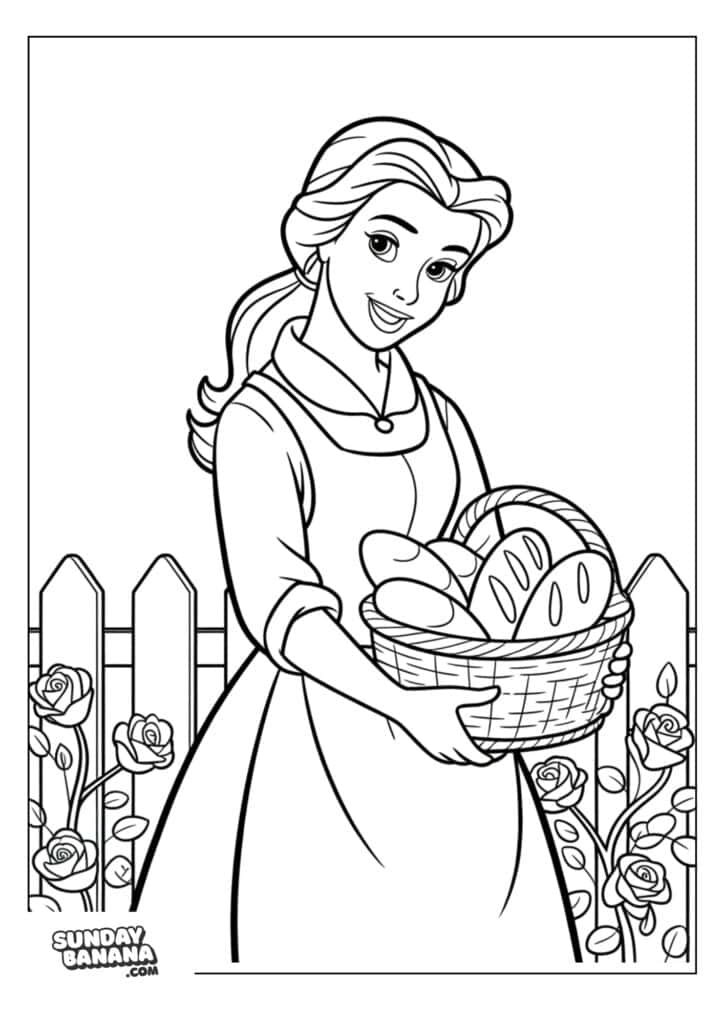 03-belle-disney-coloring-page A coloring page A smiling young woman with long hair tied back holds a basket of bread. She stands in front of a picket fence with blooming roses at its base. The outline drawing is simple and ready to be colored in.