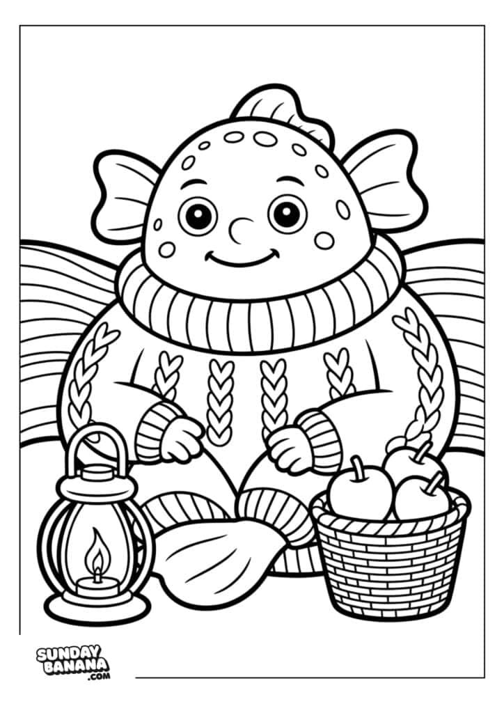 03-hygge-halloween-coloring-page A smiling fish wearing a cozy, patterned sweater sits upright. It has large fins and cheeks, with a basket of apples and a lit lantern in front. The background is plain with a bold outline, and the illustration is in black and white, ready to be colored.